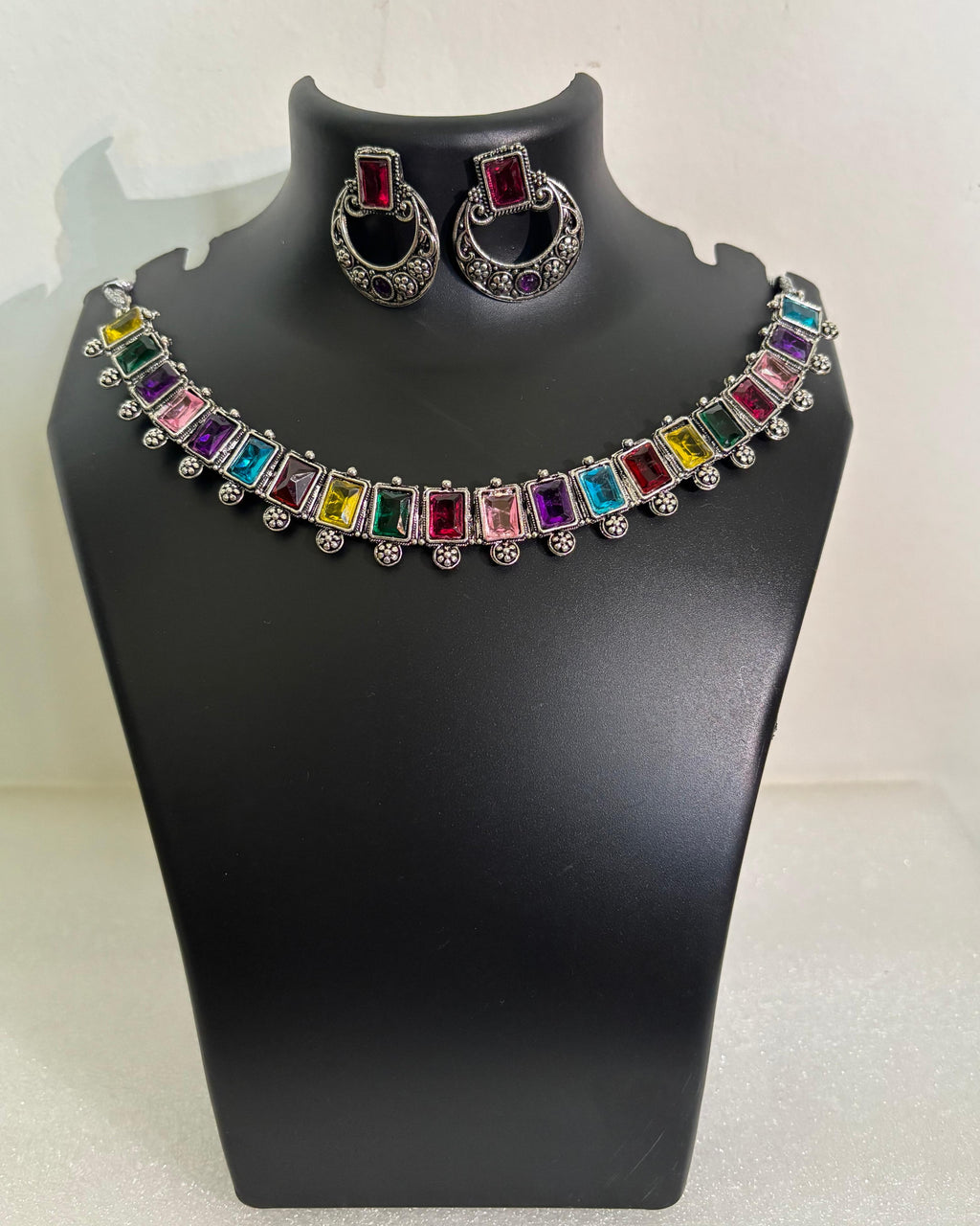 Oxidised Multicolour Square Stone Necklace Set