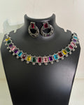 Oxidised multicolour square stone necklace with floral drops and matching statement earrings