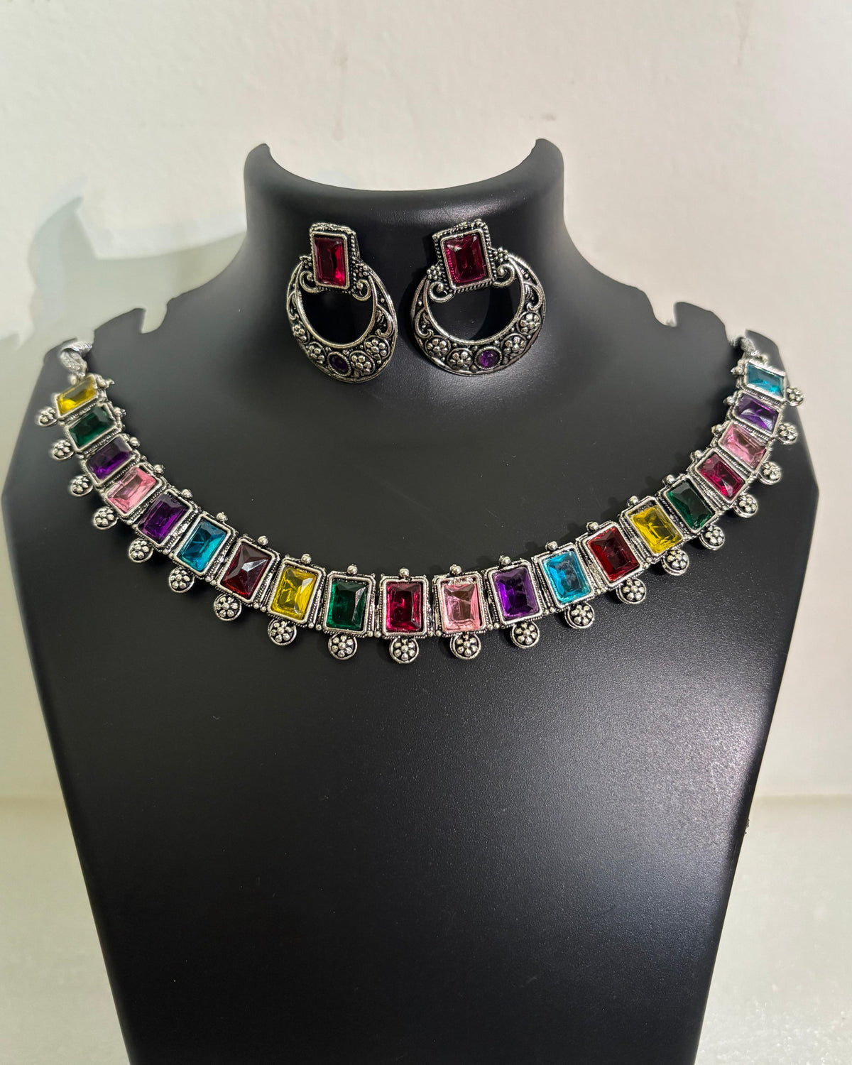 Oxidised multicolour square stone necklace with floral drops and matching statement earrings