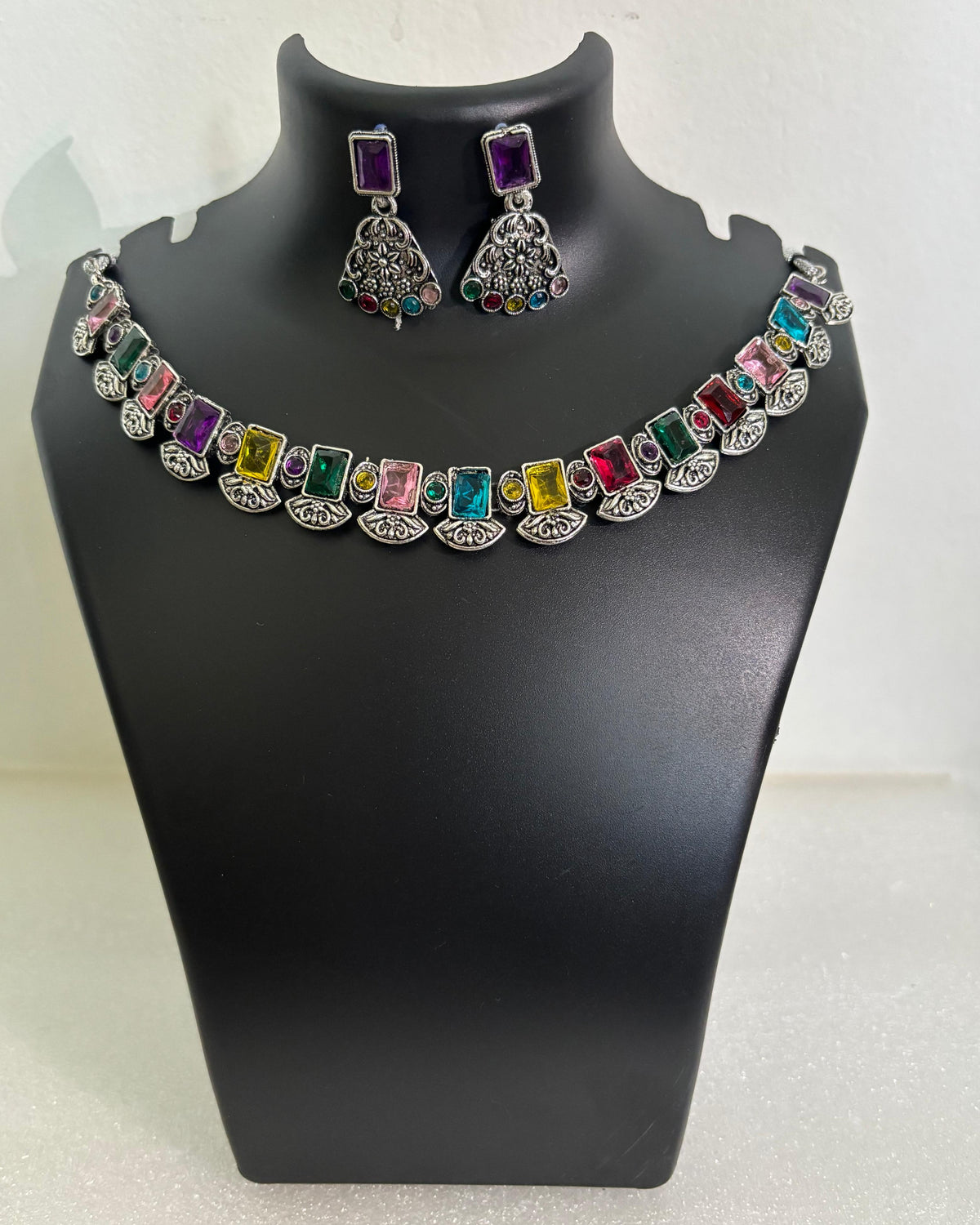 Oxidised Multicolour Square Stone Necklace and Earring Set