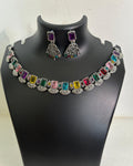 Oxidised multicolour square stone necklace with engraved drops and matching statement earrings