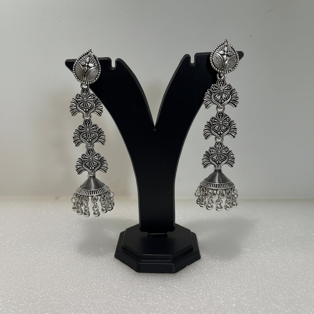 Premium oxidised long jhumka earrings with floral motifs and dangling bead detail