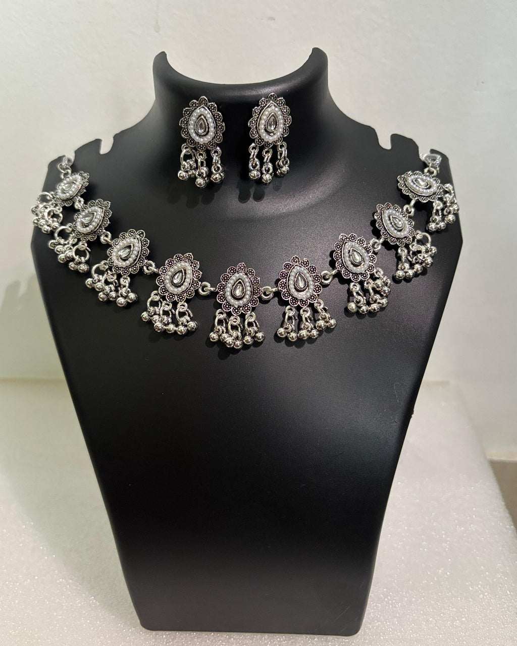 Oxidised Teardrop Tassel Necklace Set