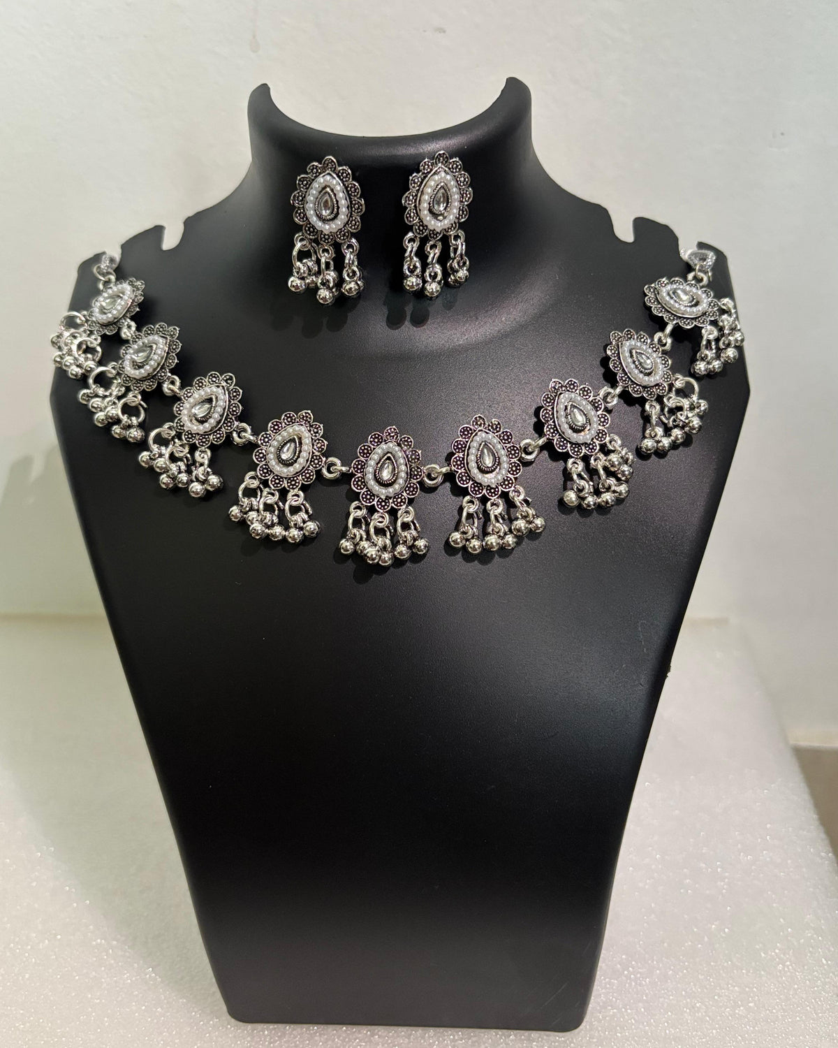 Oxidised Teardrop Tassel Necklace Set