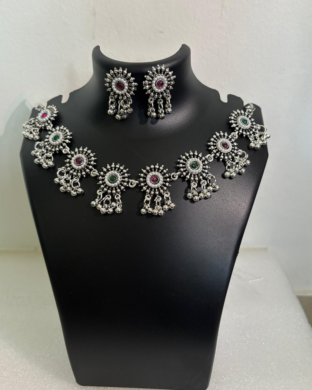 Oxidised Floral Stone Tassel Necklace Set