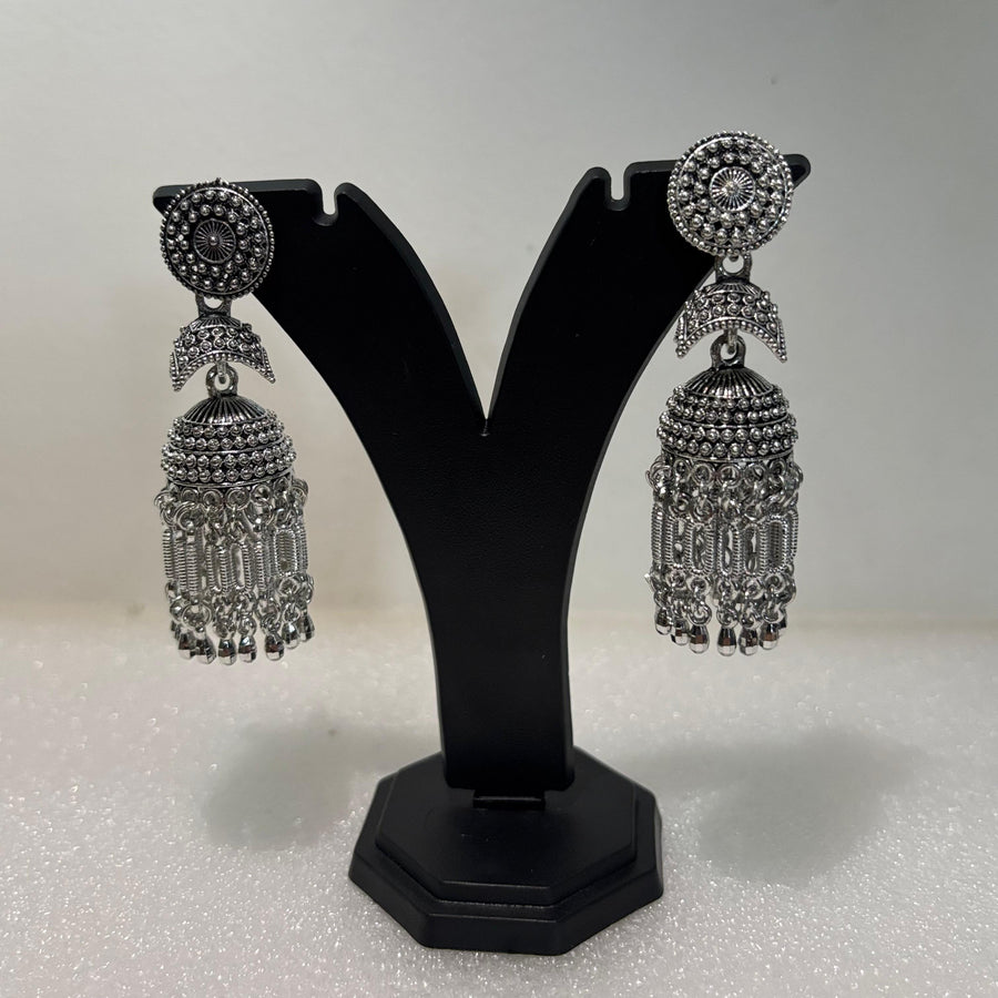 Premium oxidised chandbali jhumka earrings with circular studs, layered domes and hanging chains