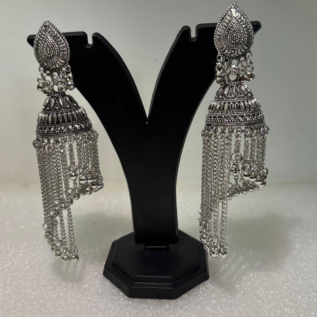 Premium oxidised long tassel jhumka earrings with paisley studs, textured domes and cascading chains