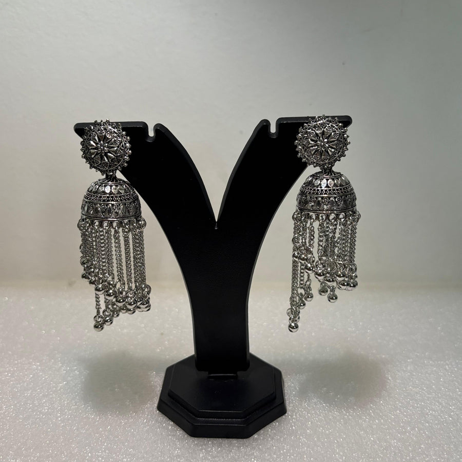 Premium oxidised floral tassel jhumka earrings with flower studs, engraved domes and cascading chains