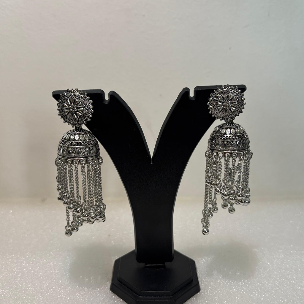 Premium Oxidised Floral Tassel Jhumka Earrings