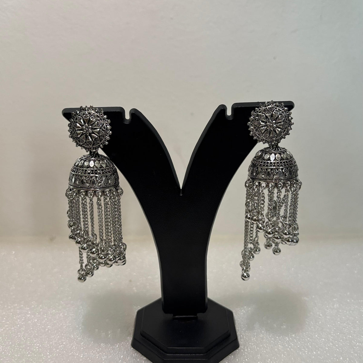 Premium Oxidised Floral Tassel Jhumka Earrings