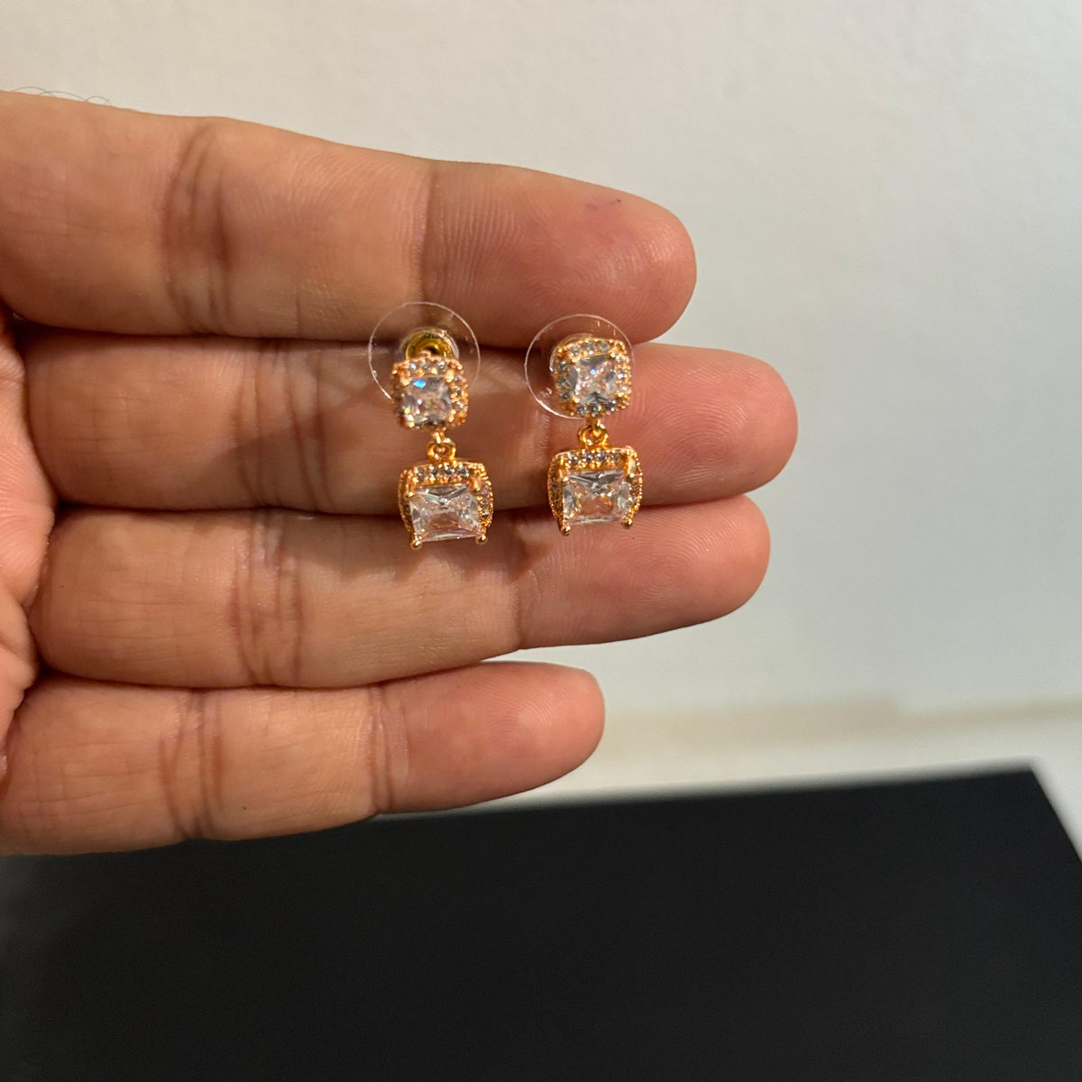 Premium Anti-Tarnish AD CZ Double Square Drop Earrings
