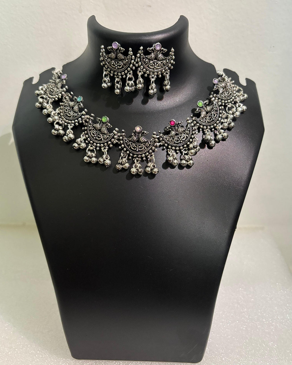 Oxidised Crescent Tassel Necklace Set