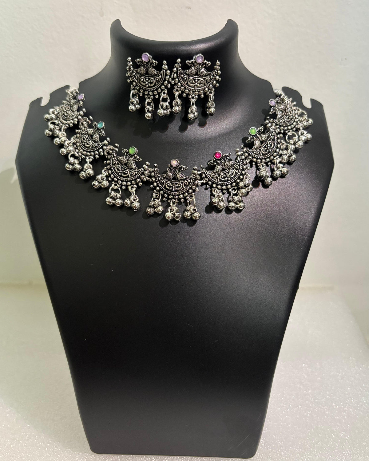 Oxidised Crescent Tassel Necklace Set