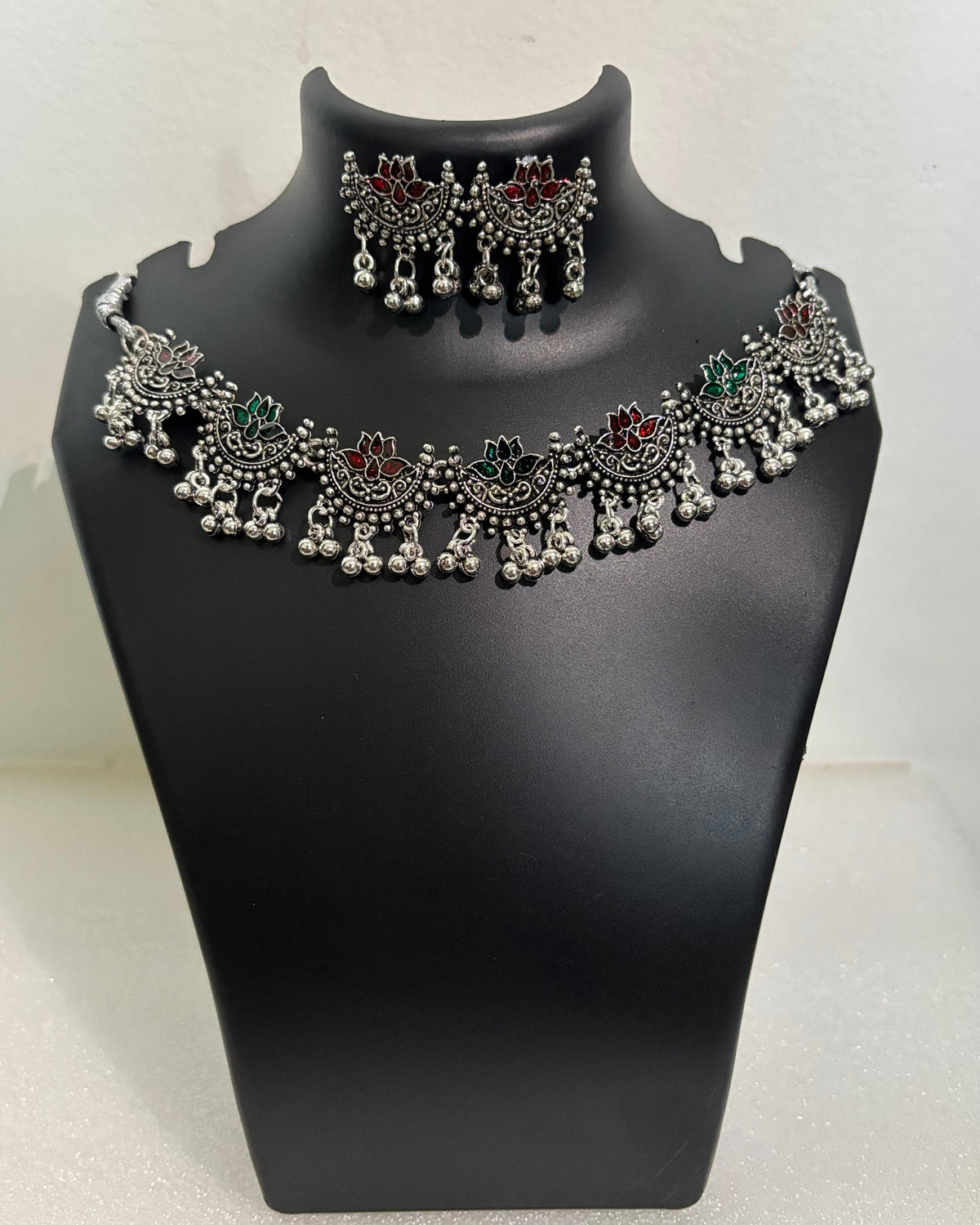 Oxidised Lotus Motif Tassel Necklace Set