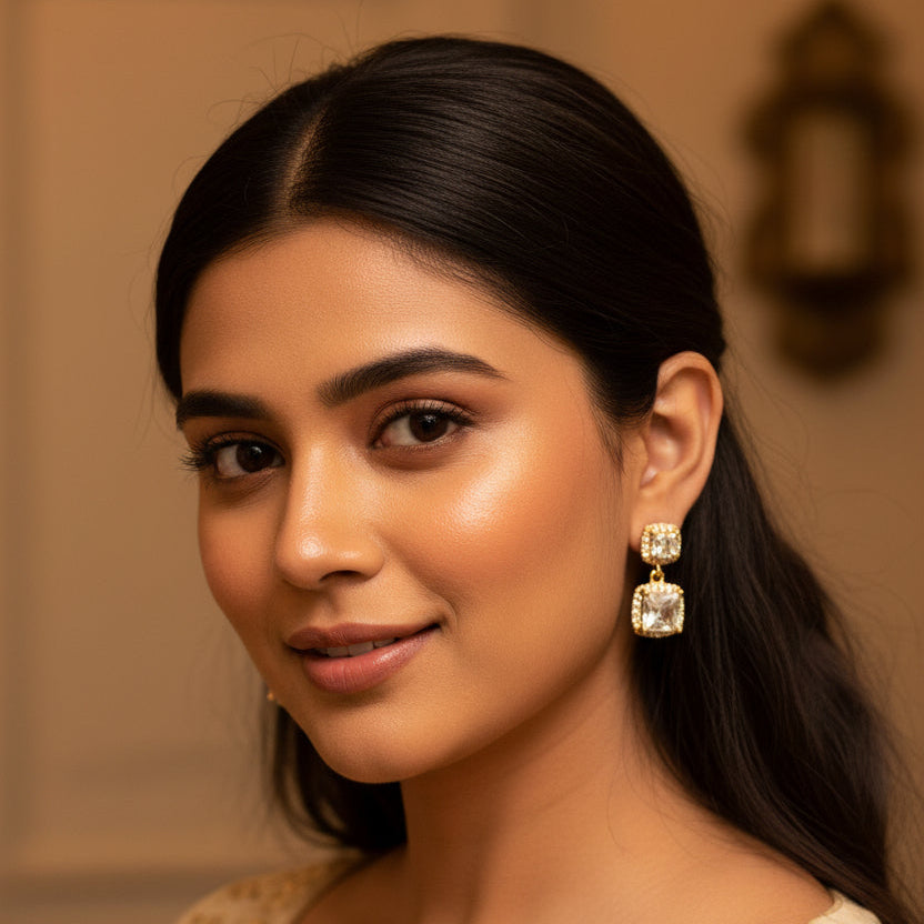 Premium Anti-Tarnish AD CZ Double Square Drop Earrings
