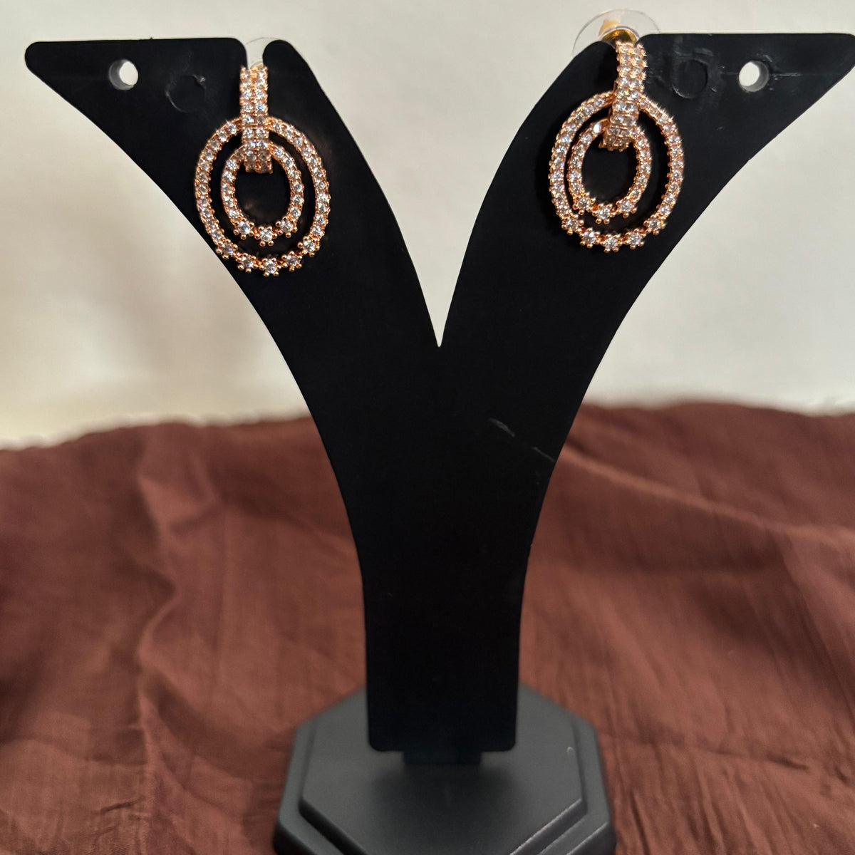 Premium AD CZ rose-gold double-hoop drop earrings with sparkling crystal detailing