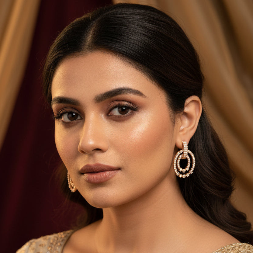 Premium AD CZ Rose Gold Double Hoop Drop Earrings