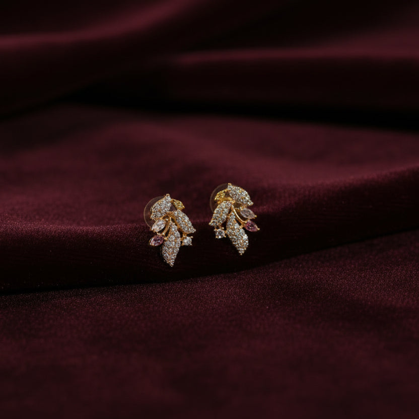 Gold-tone AD CZ floral leaf stud earrings with sparkling stone detailing
