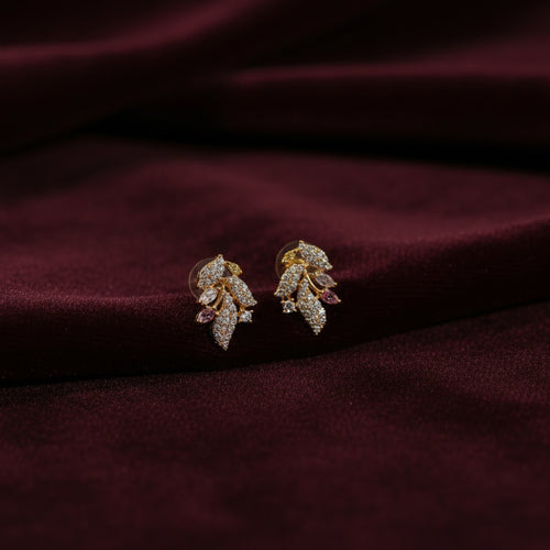 Gold-tone AD CZ floral leaf stud earrings with sparkling stone detailing