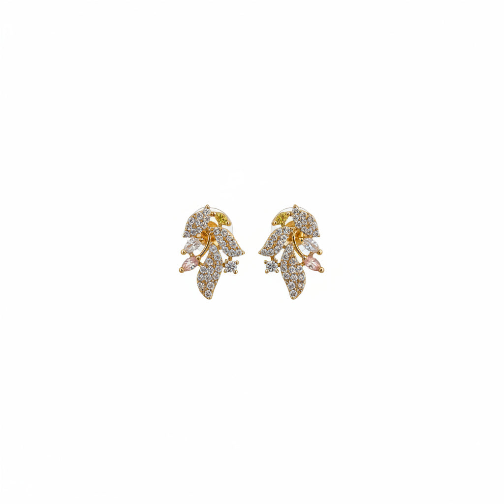 AD CZ Floral Leaf Stud Earrings