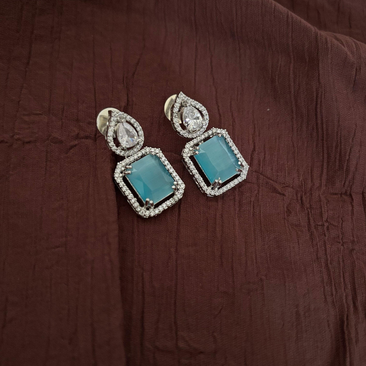 Premium AD CZ Teardrop Sky Blue Stone Earrings