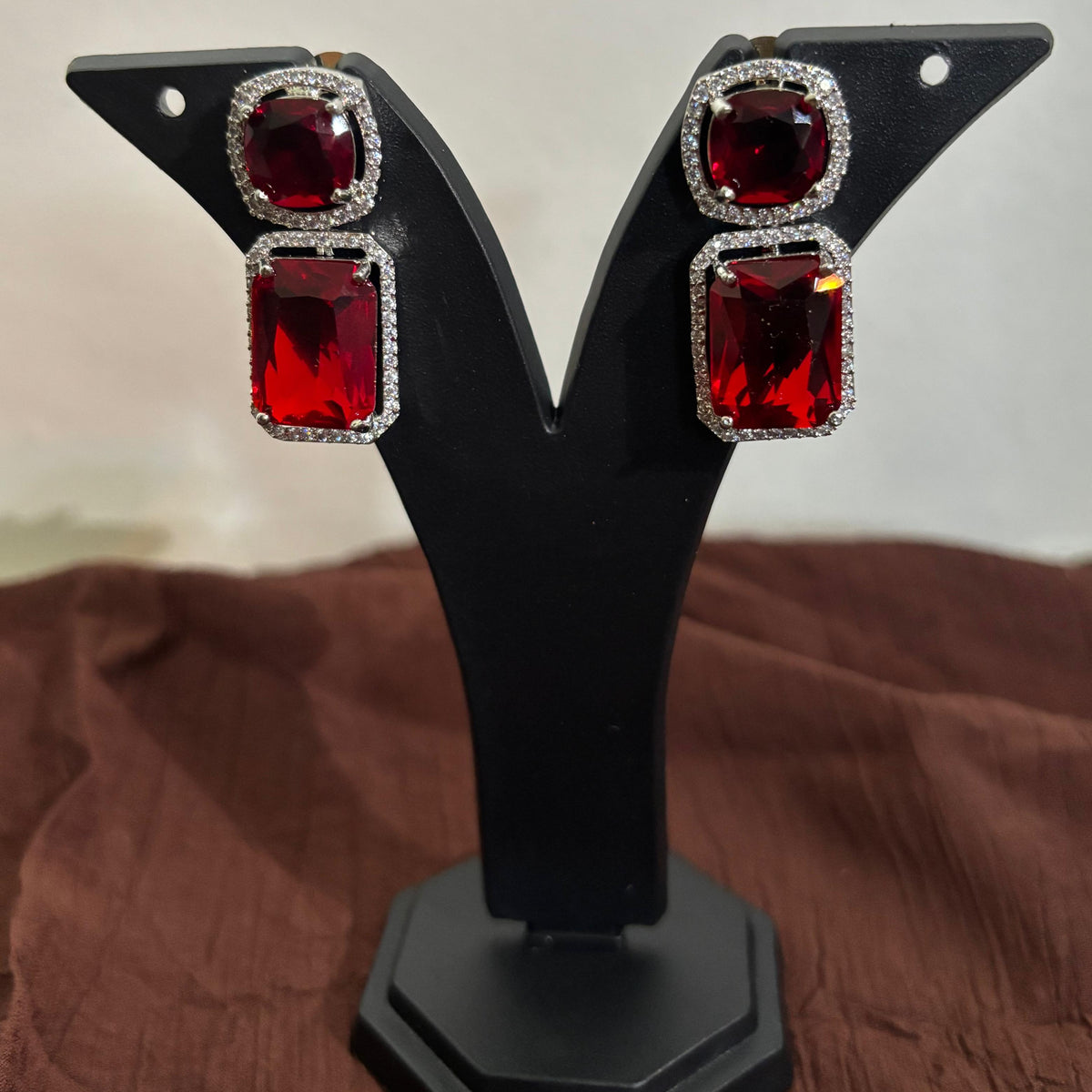 Premium AD CZ Ruby Red Geometric Drop Earrings