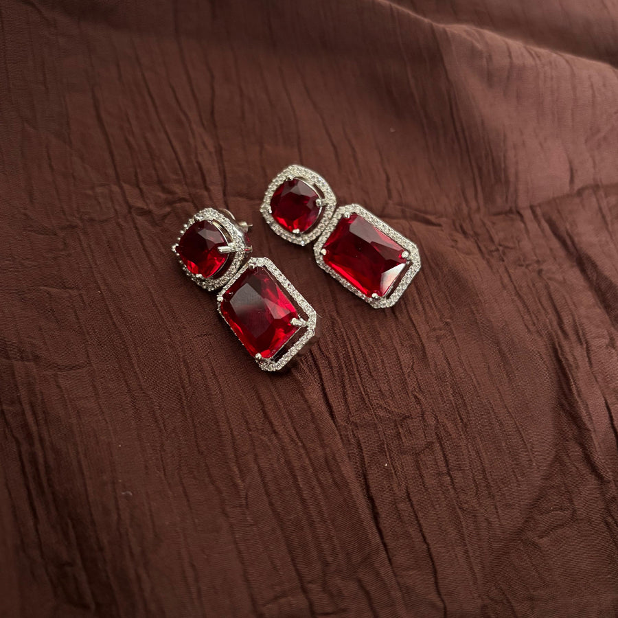 Premium AD CZ ruby-red geometric drop earrings with crystal detailing