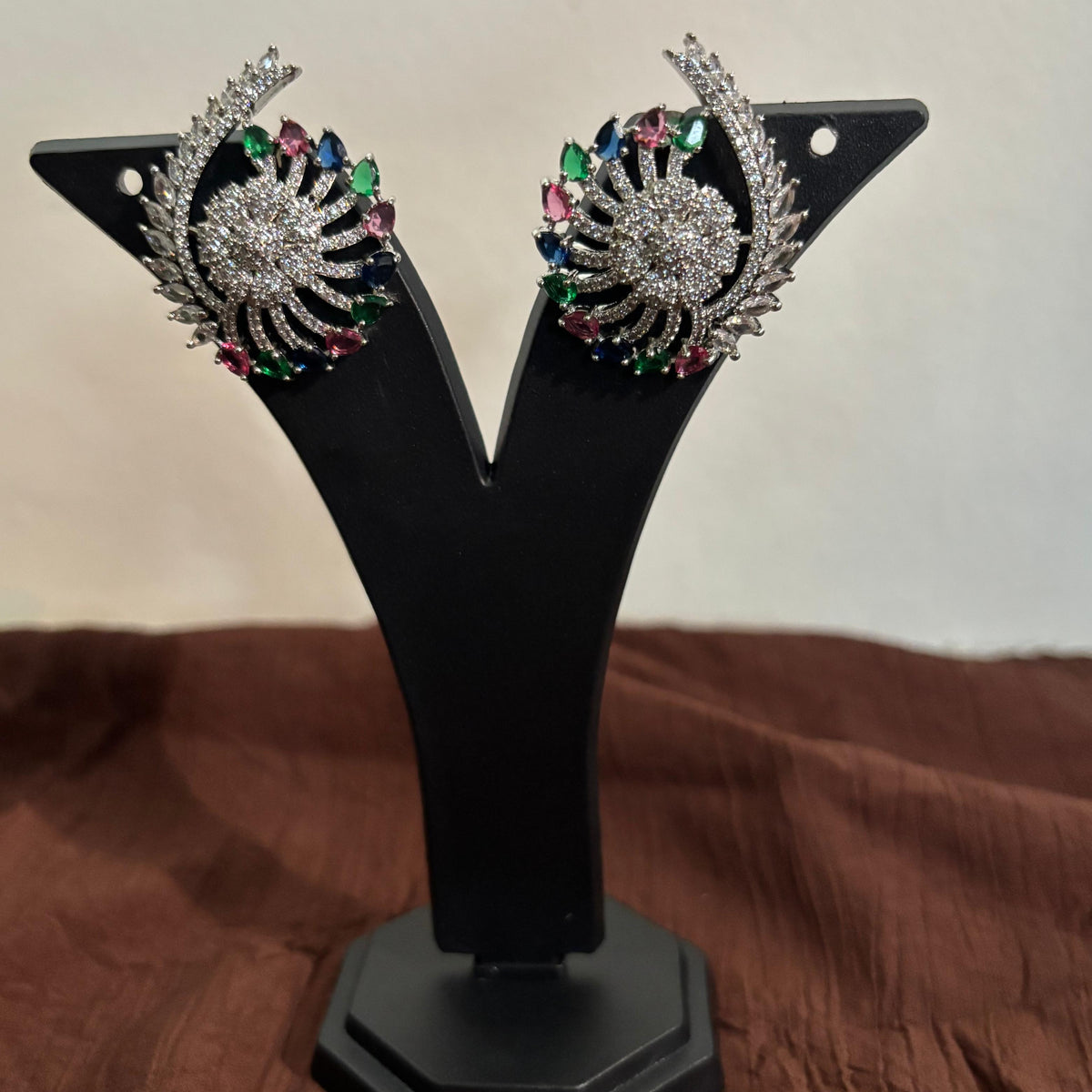 Premium AD CZ Multicolour Floral Fan Stud Earrings