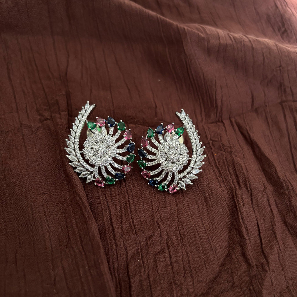 Premium AD CZ multicolour floral fan stud earrings with sparkling crystal and jewel-tone accents