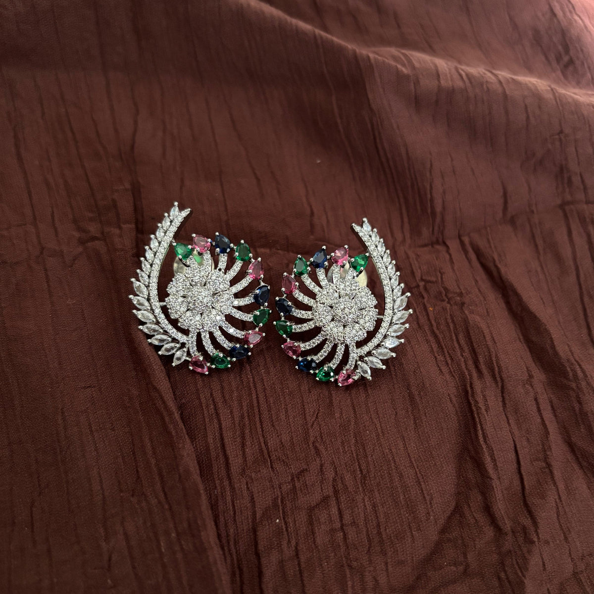 Premium AD CZ multicolour floral fan stud earrings with sparkling crystal and jewel-tone accents