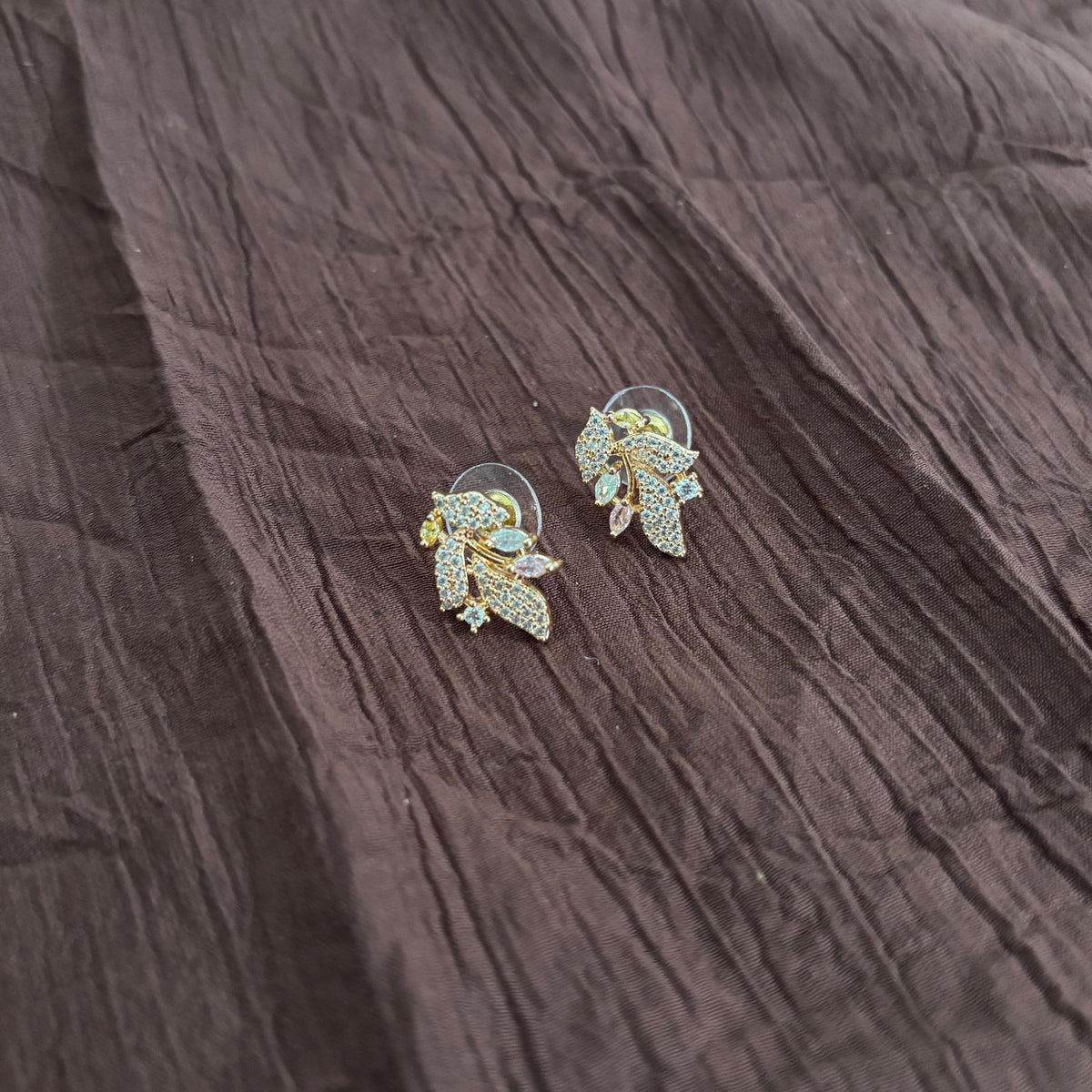 AD CZ Floral Leaf Stud Earrings