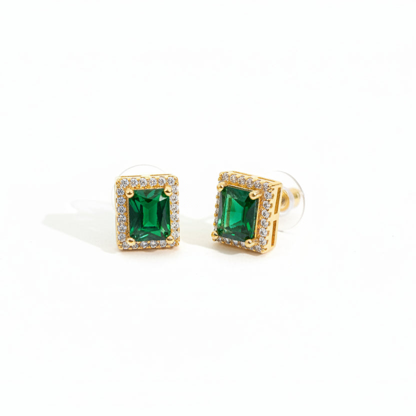 AD CZ Emerald Green Rectangular Stud Earrings