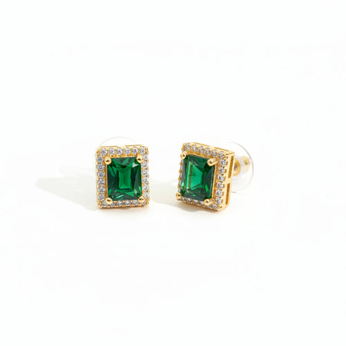 AD CZ Emerald Green Rectangular Stud Earrings
