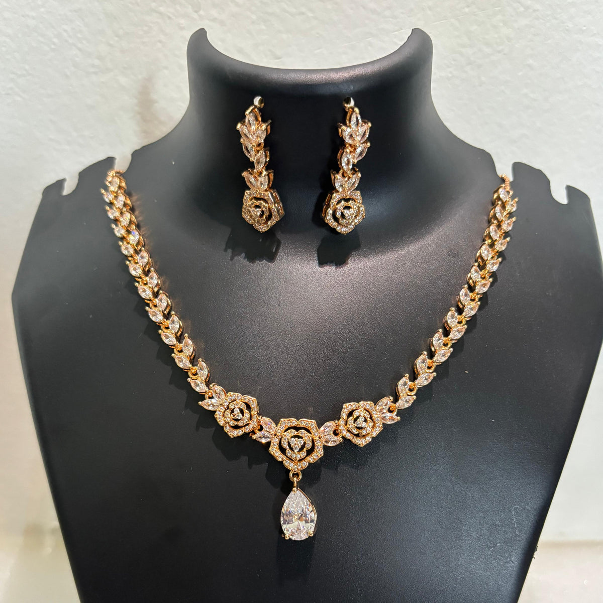 Gold-tone AD CZ floral heart pendant necklace set with matching drop earrings