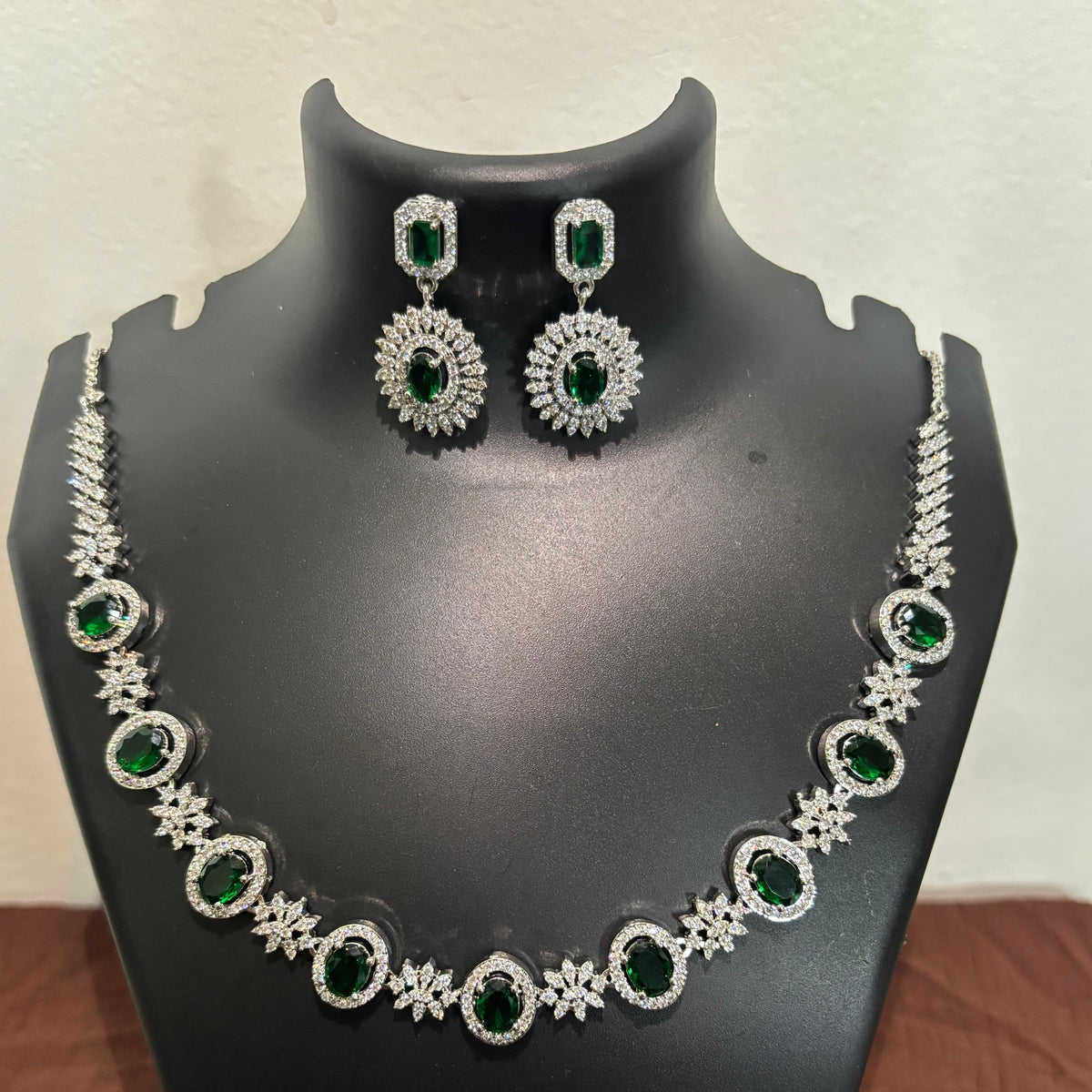 Gold-tone AD emerald green oval necklace set with matching stone-detailed earrings