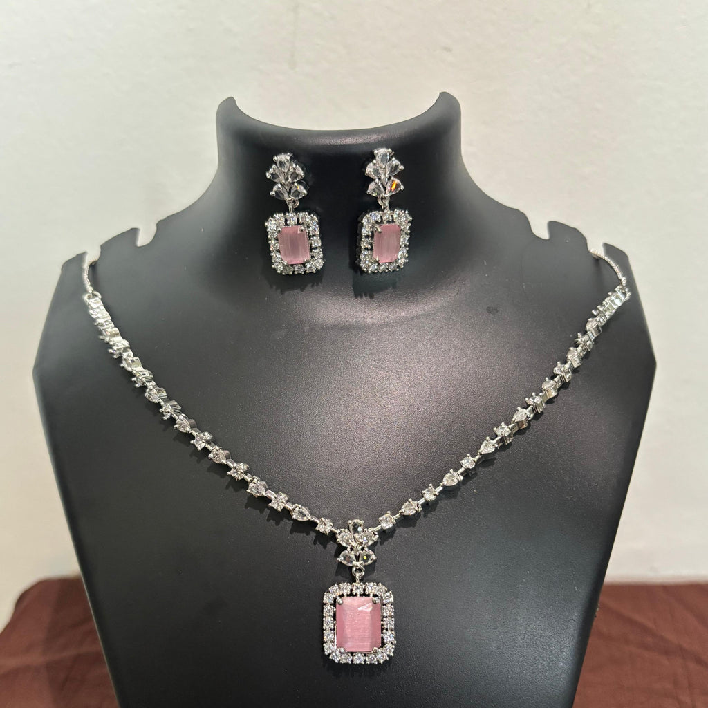 Silver-tone AD pink rectangular pendant necklace set with matching earrings