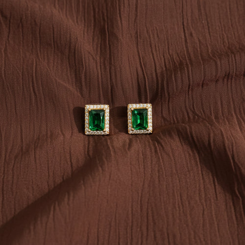 Gold-tone AD CZ emerald green rectangular stud earrings framed with sparkling clear stones