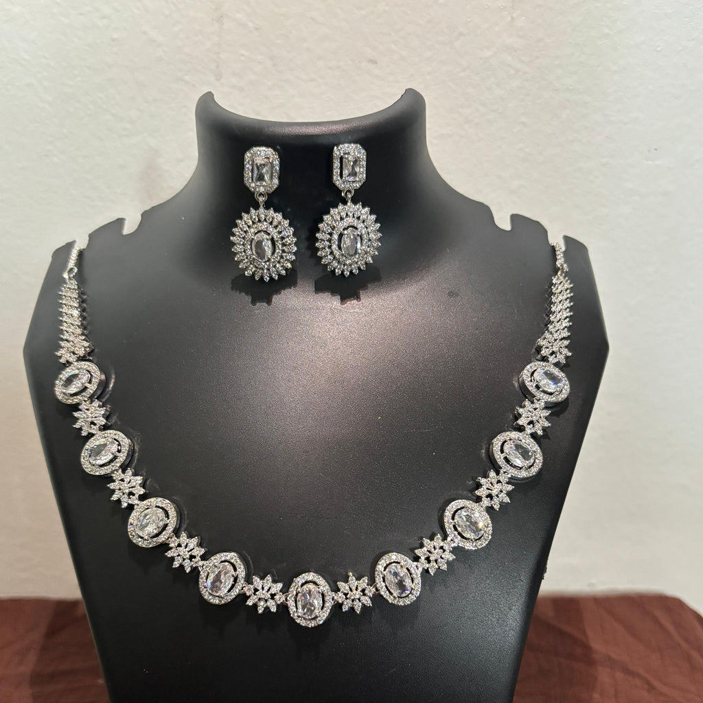 Silver-tone AD oval-link necklace set with matching stone-detailed earrings