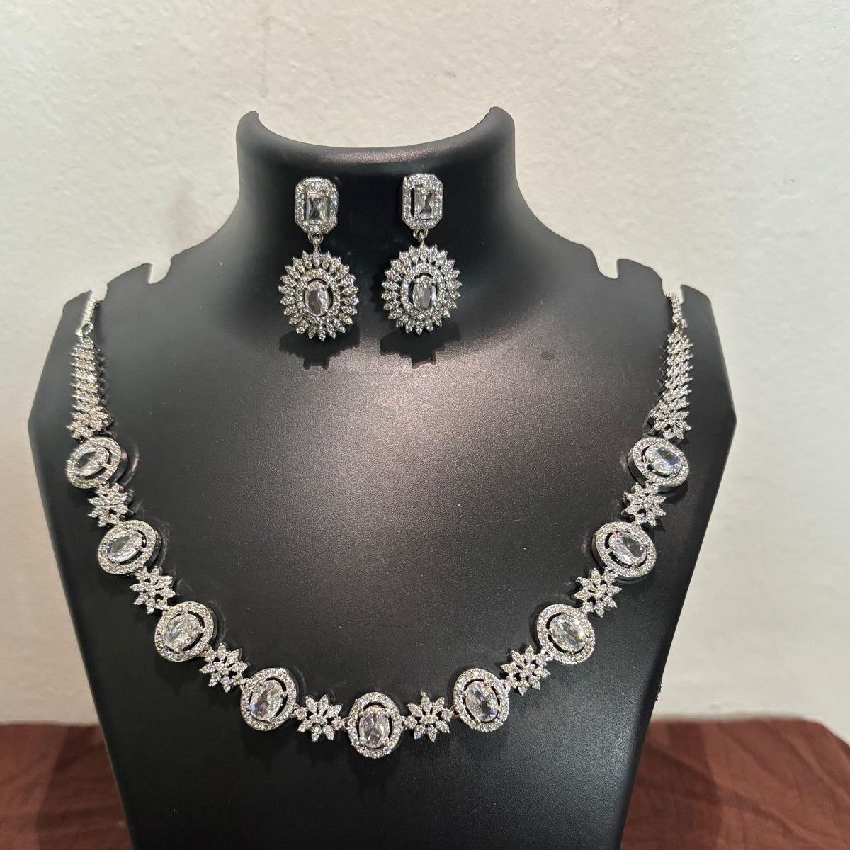 Silver-tone AD oval-link necklace set with matching stone-detailed earrings
