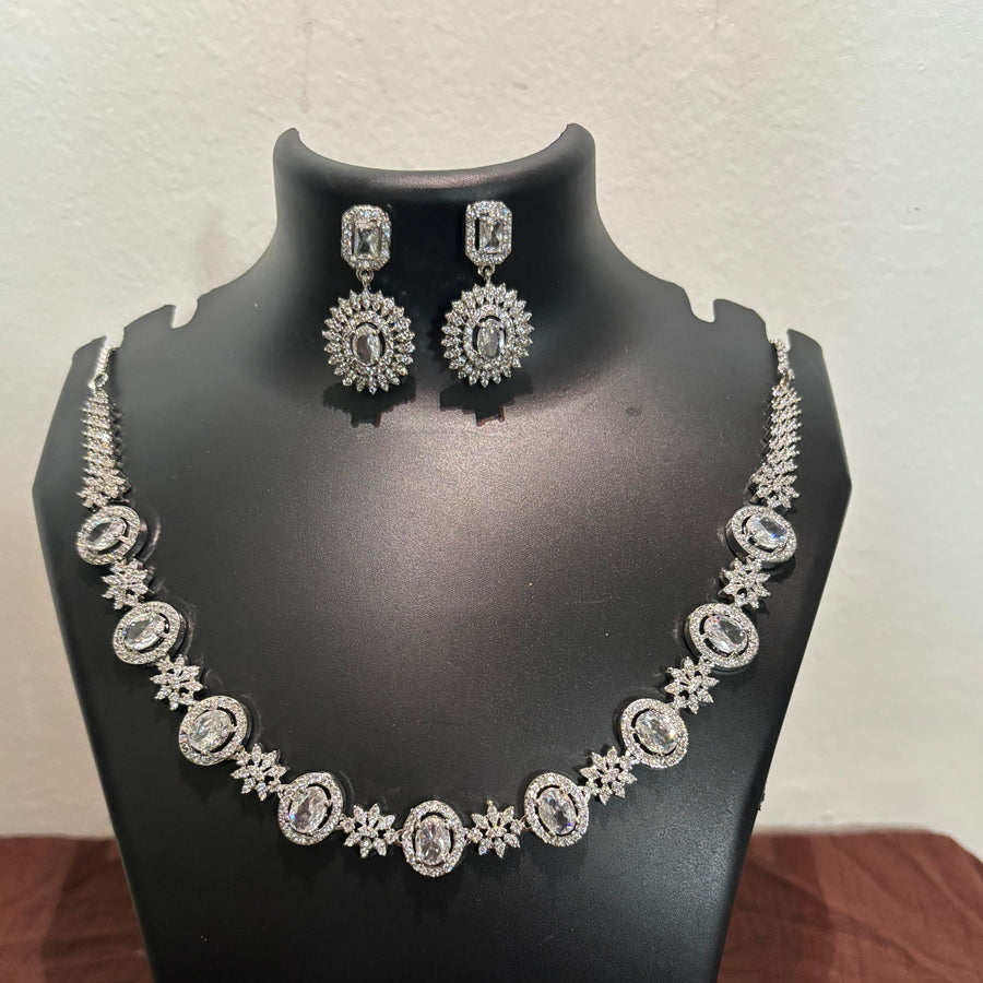 Silver-tone AD oval-link necklace set with matching stone-detailed earrings