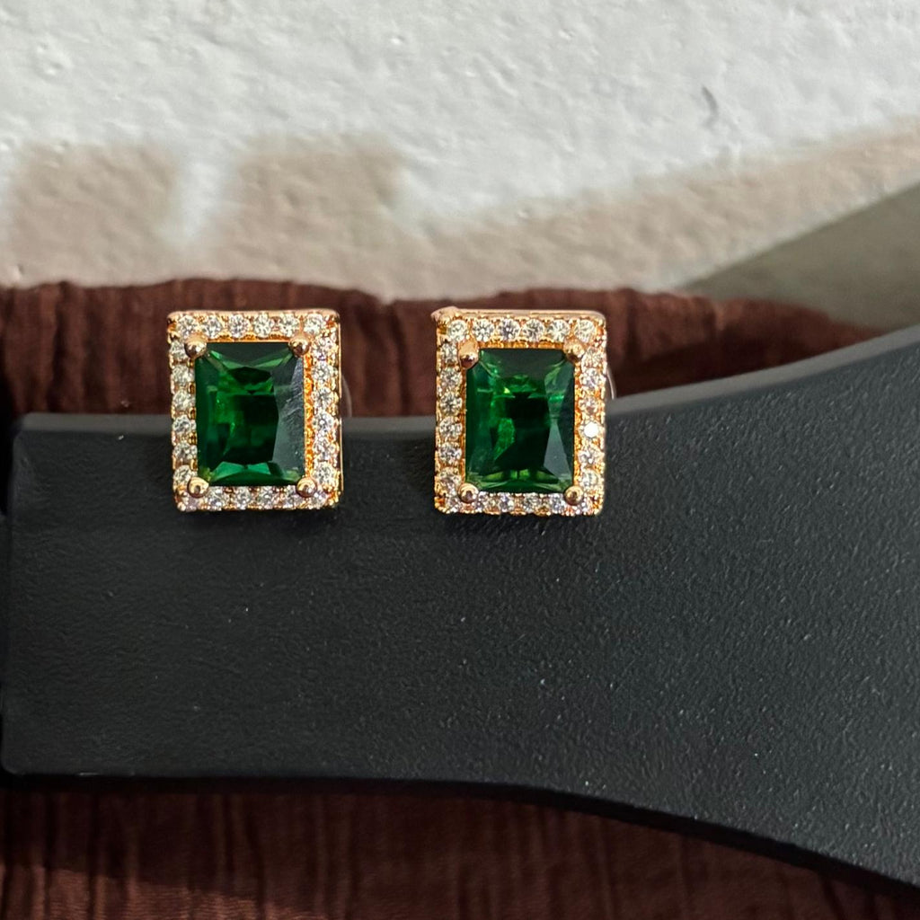 AD CZ Emerald Green Rectangular Stud Earrings
