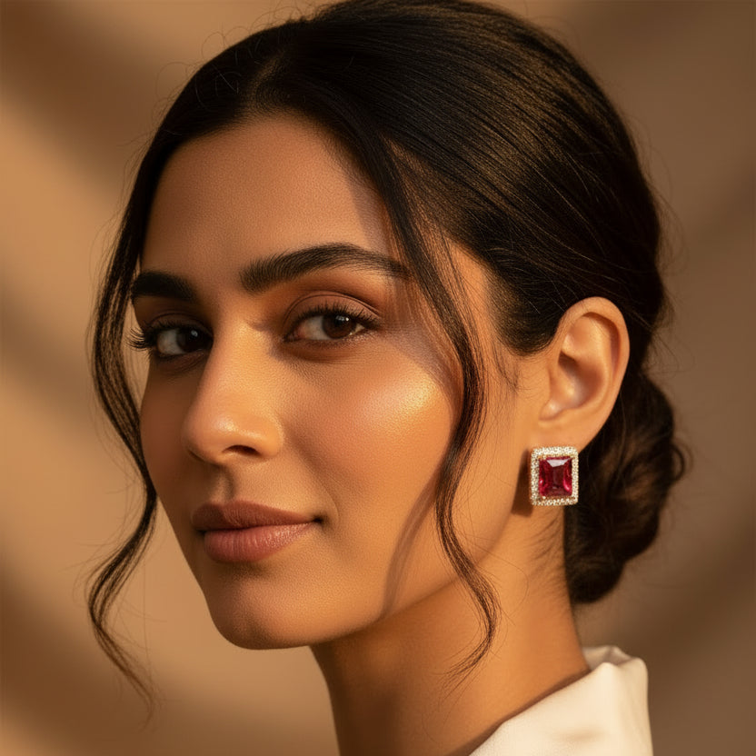 Gold-tone AD CZ ruby-red rectangular stud earrings with sparkling clear-stone frames
