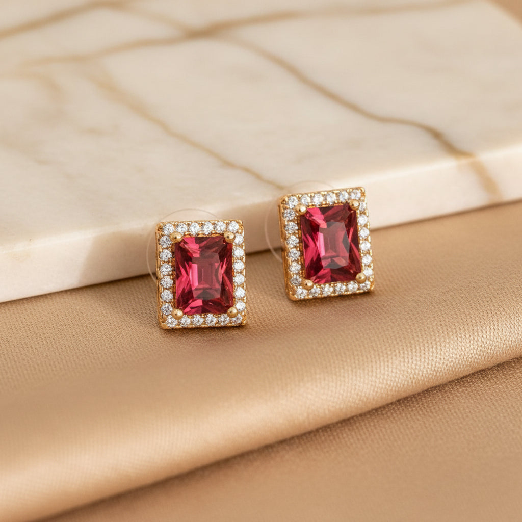 AD CZ Ruby Red Rectangular Stud Earrings
