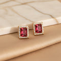 AD CZ Ruby Red Rectangular Stud Earrings