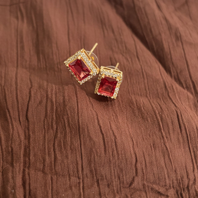 AD CZ Ruby Red Rectangular Stud Earrings