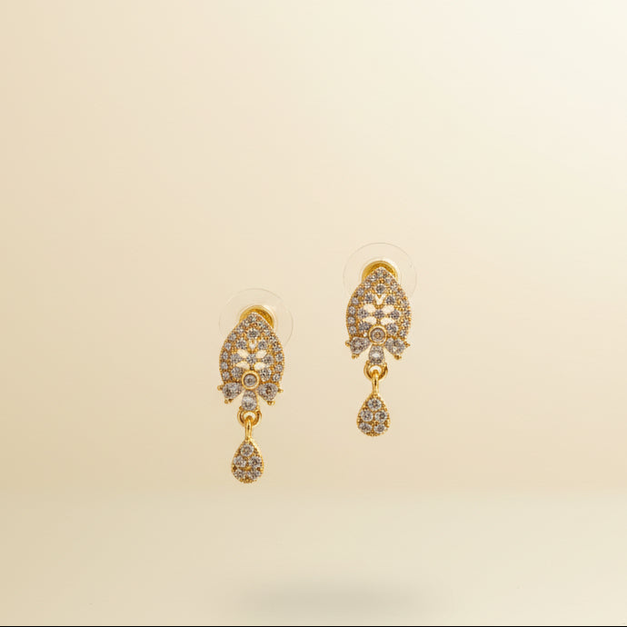 Gold-tone AD CZ floral paisley drop earrings with sparkling stones and a teardrop accent