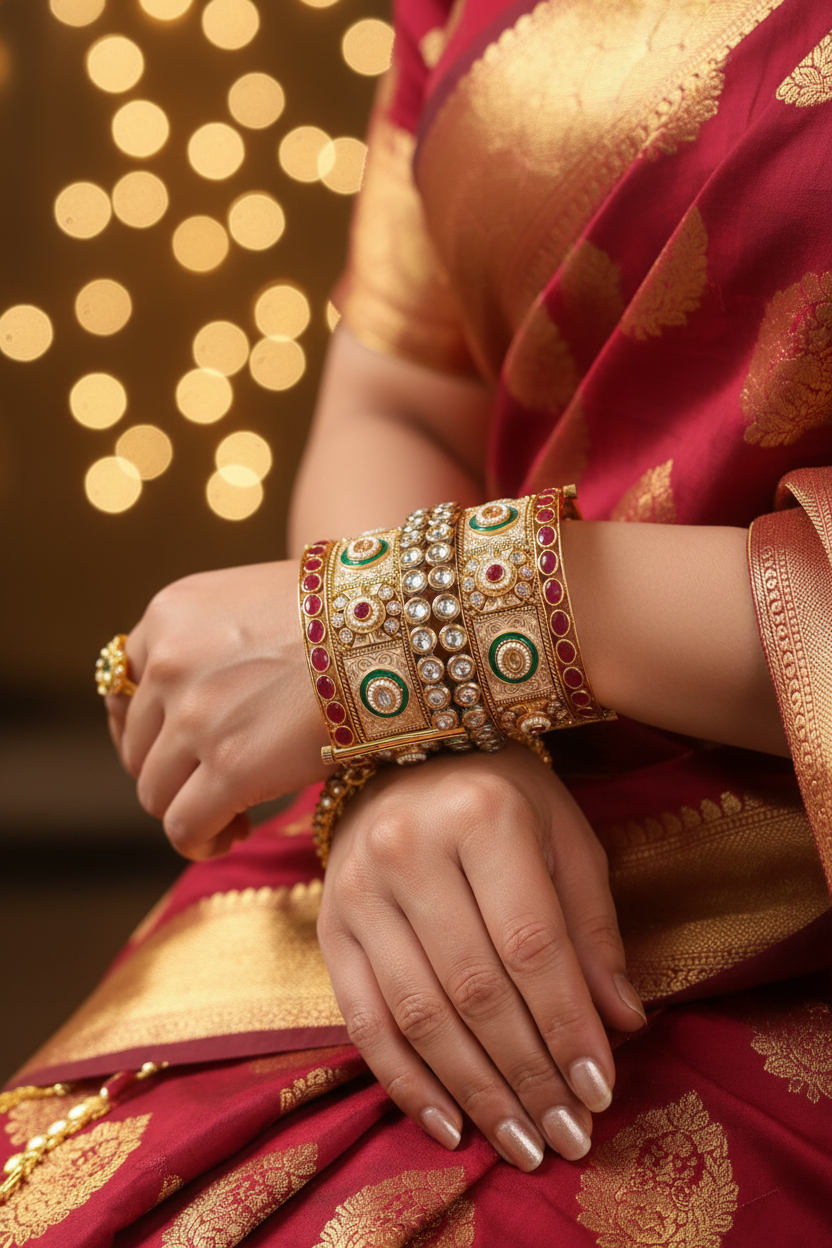 Woman wearing Kundan Enamel Wide Cuff Bangle with Ruby and Emerald