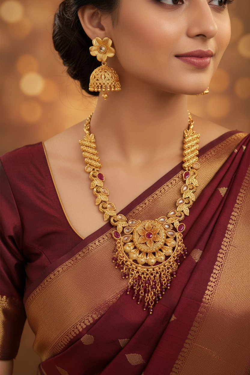 Woman wearing Kundan Ruby Circular Pendant Necklace Set with Lotus Jhumka Earrings