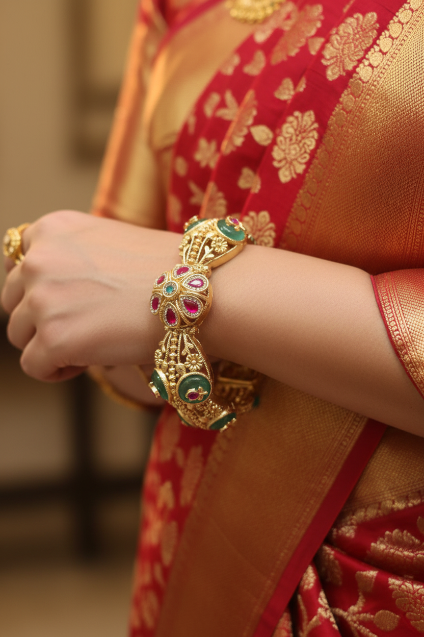 Woman wearing Kundan Ruby Emerald Floral Top Round Bangle Pair