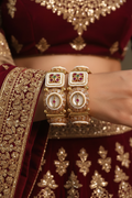 Woman wearing Kundan Pearl Enamel Square and Circle Bangle Pair